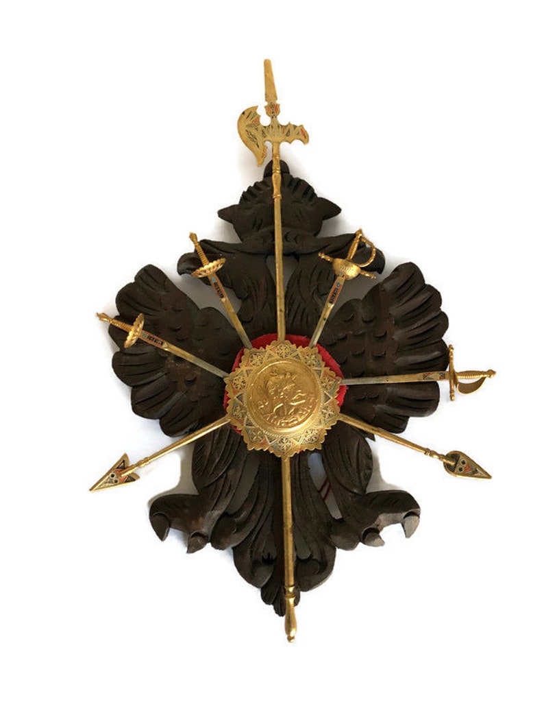 Vintage medieval decor Knight decoration coat of arms insignia on carved wooden plaque with letter opener swords and spears image 1