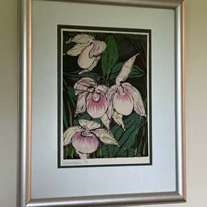 Vintage original Batik floral art by Ontario, Canada artist Sarah Hale dated 1990 framed and matted under glass