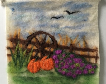 Wagon wheel and pumpkins - 2D needle felting wool painting