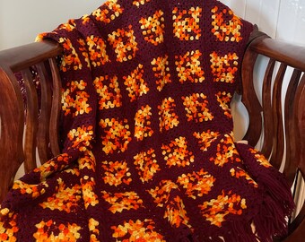 Beautiful vintage handmade crocheted afghan lap blanket 1970s style brown, orange, yellow with fringed edges