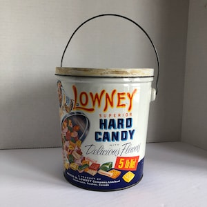 Vintage Lowney Hard Candy Tin Pail with handle and lid 5 lb vintage Canadian advertising