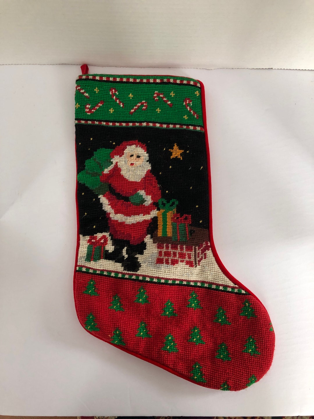 Vintage Needlepoint Christmas Stocking With Santa by the Chimney With Gifts Victorian Style Etsy