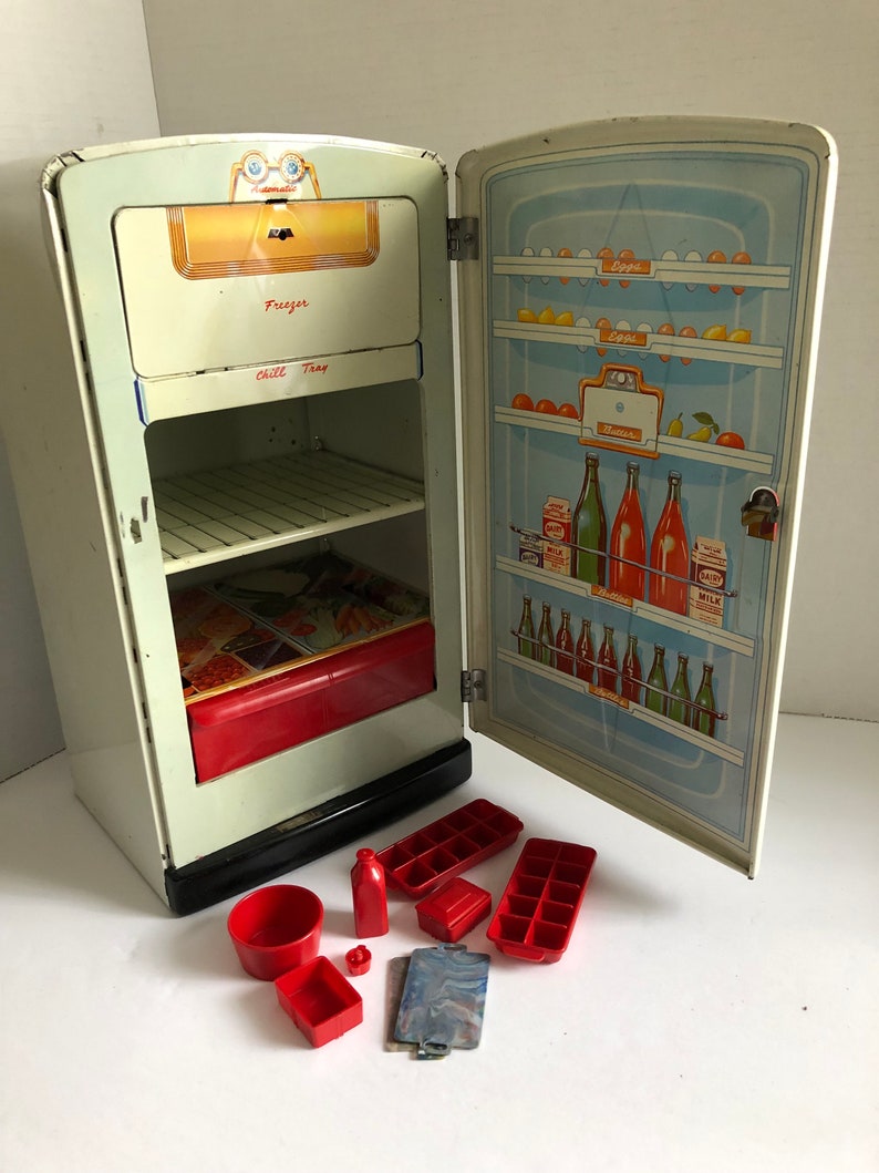 Vintage 1950s Metal Toy Refrigerator With Plastic Accessories Etsy