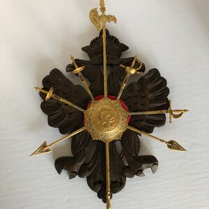 Vintage medieval decor Knight decoration coat of arms insignia on carved wooden plaque with letter opener swords and spears image 2