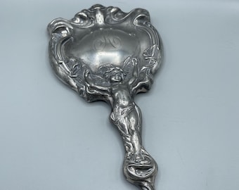Antique silver plated hand mirror with Cherub beautiful Art Nouveau design