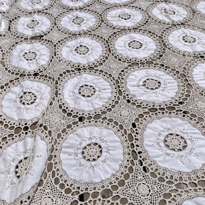 May include: A vintage white and beige lace tablecloth with a repeating circular pattern. The tablecloth features embroidered floral details within each circle, creating a delicate and intricate design. The lace is a light beige colour, and the circles are white.