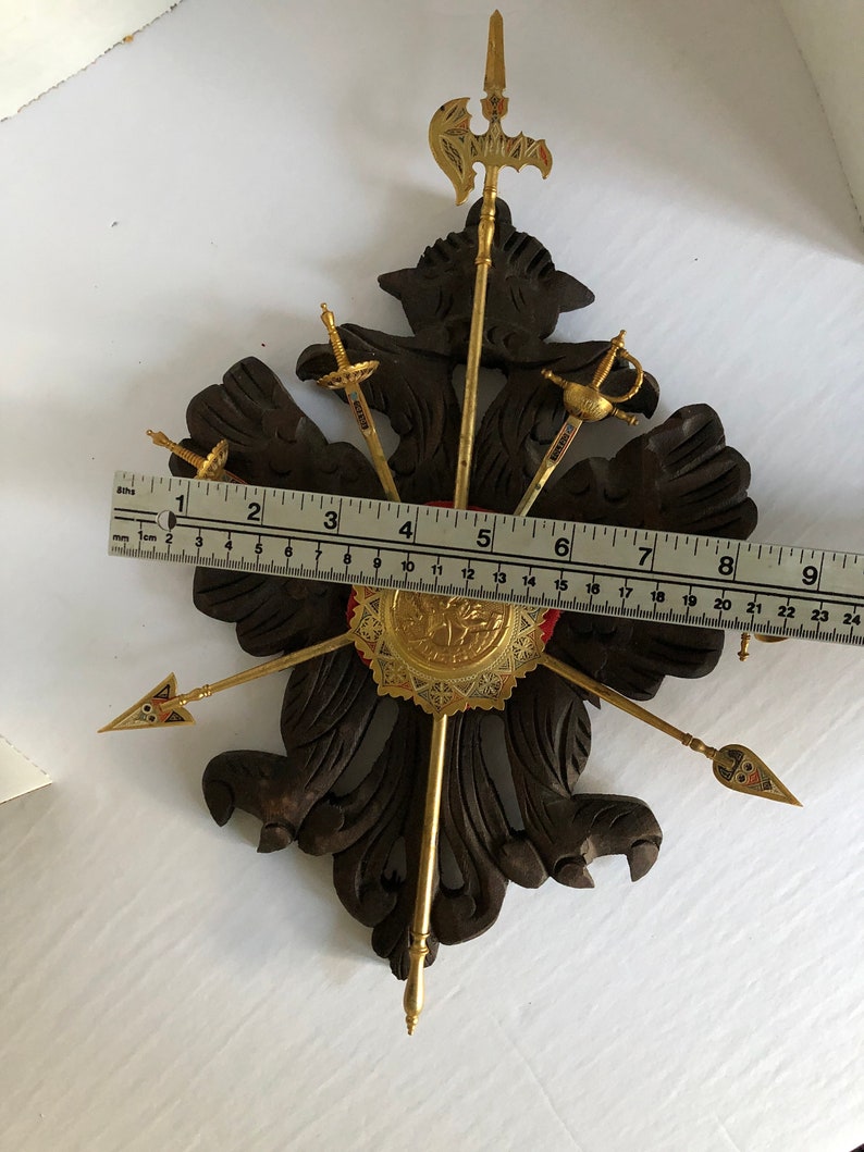 Vintage medieval decor Knight decoration coat of arms insignia on carved wooden plaque with letter opener swords and spears image 9