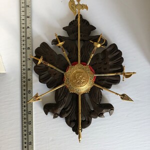 Vintage medieval decor Knight decoration coat of arms insignia on carved wooden plaque with letter opener swords and spears image 8