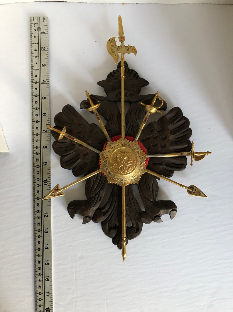 Vintage medieval decor Knight decoration coat of arms insignia on carved wooden plaque with letter opener swords and spears image 8