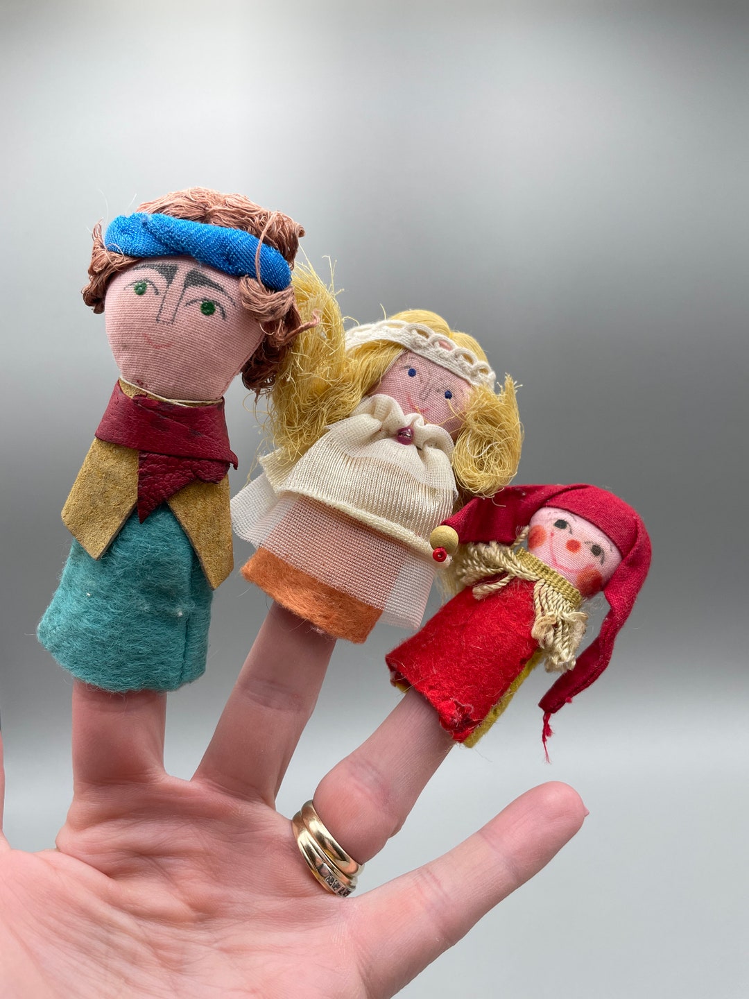 Vintage Handmade Finger Puppets Made With Felt, Leather, Fabric