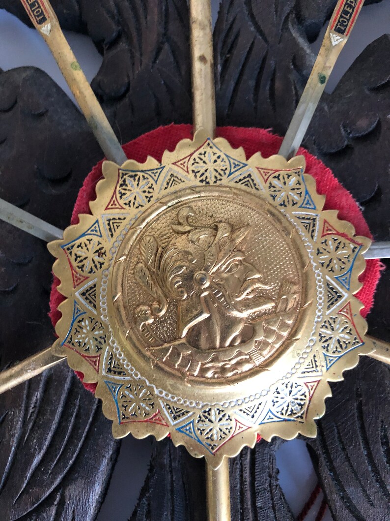 Vintage medieval decor Knight decoration coat of arms insignia on carved wooden plaque with letter opener swords and spears image 6