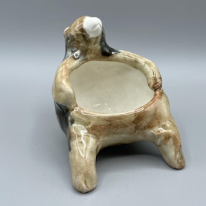 May include: A ceramic bear-shaped planter, featuring a cream-coloured interior and a brown, black, and cream exterior. The bear is on all fours, with its arms forming the planter's opening. The planter is approximately 13 cm long.