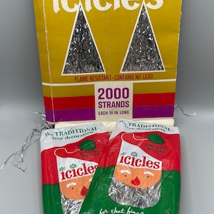 Vintage icicles tinsel for Christmas tree 2 unopened packages of 1000 strands and 1 opened unused package of 2000 from the 1970s
