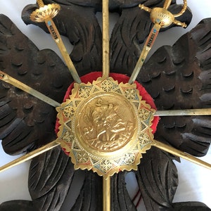 Vintage medieval decor Knight decoration coat of arms insignia on carved wooden plaque with letter opener swords and spears image 3