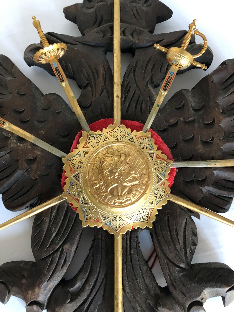Vintage medieval decor Knight decoration coat of arms insignia on carved wooden plaque with letter opener swords and spears image 3