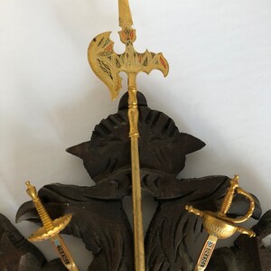 Vintage medieval decor Knight decoration coat of arms insignia on carved wooden plaque with letter opener swords and spears image 5