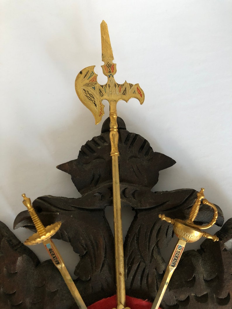 Vintage medieval decor Knight decoration coat of arms insignia on carved wooden plaque with letter opener swords and spears image 5