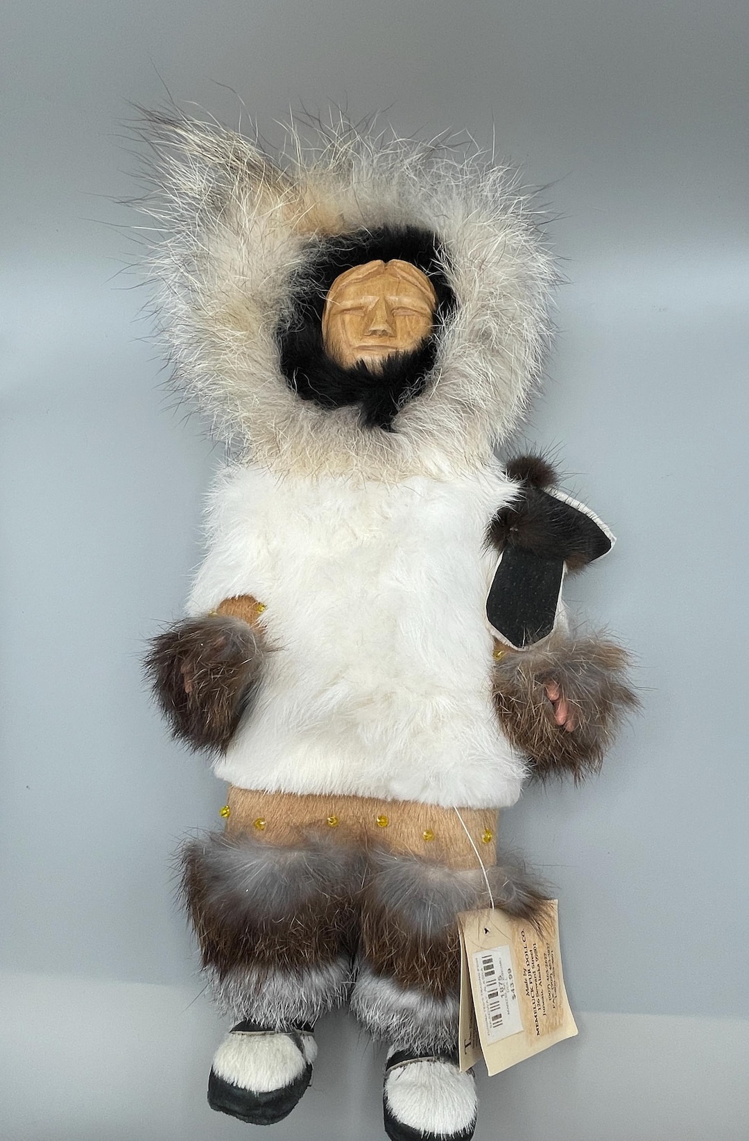 Vintage Inuit Doll With Traditional Hand Stitched Fur Parka and Wooden ...