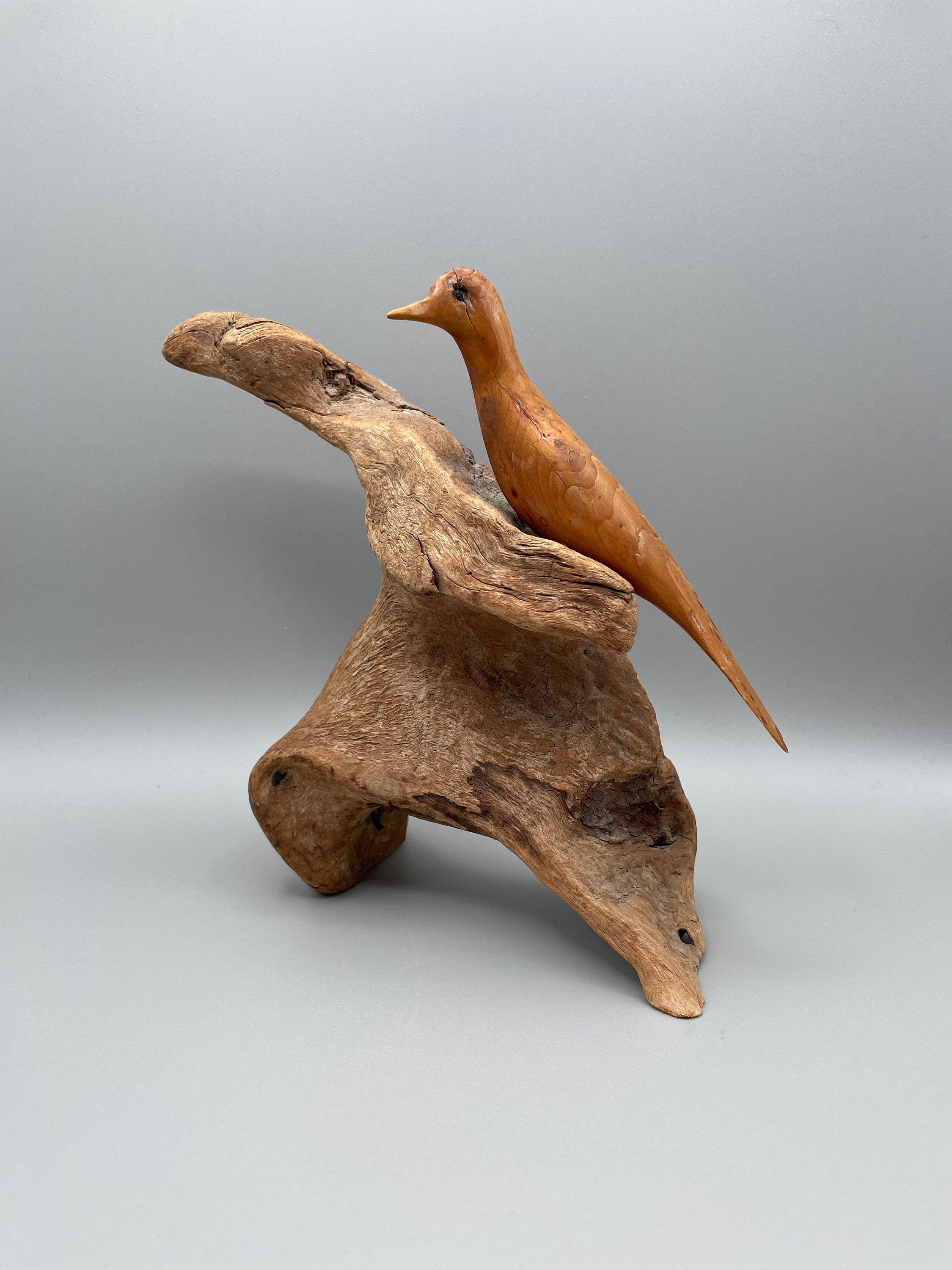 Vintage Wooden Bird Carving on Driftwood Handcrafted by Nova
