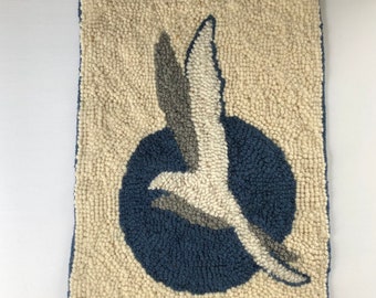 Beautiful vintage Nova Scotia hooked rug wall hanging with seagulls birds