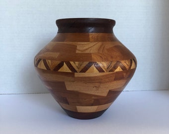Handmade wooden marquetry / parquetry vase made by John DeWhirst