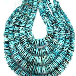 May include: Strands of turquoise gemstone beads. The beads are a vibrant turquoise color with natural brown matrix patterns. The beads are flat, disc-shaped, and strung together, suitable for jewelry making. The background is white.