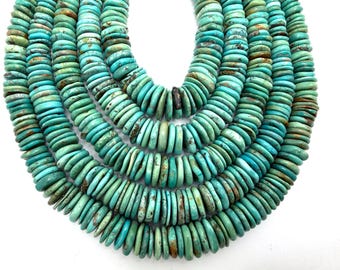 Fio de 40 cm (16") com contas genuínas de turquesa verde e azul em formato de disco, com tamanhos de 6 a 16 mm.