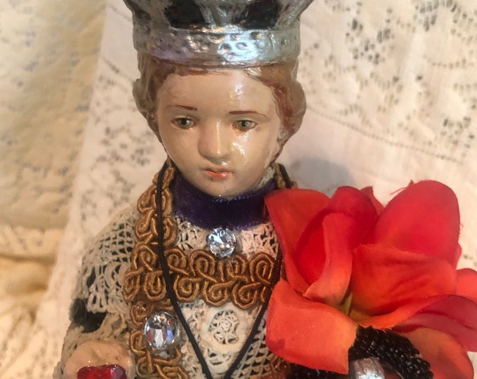 Featured listing image: Infant of Prague Black Lace Trim & Large Cross Devotional Art Statue 13"  Tall
