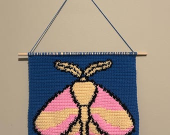 May include: A crocheted wall hanging featuring a pink and yellow moth on a blue background. The hanging is attached to a wooden dowel rod with blue and white string.