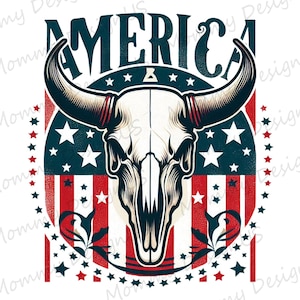 American Flag Cow Skull PNG | Western Patriotic Skull Design Digital Download File | 4th Of July Sublimation for Print PNG