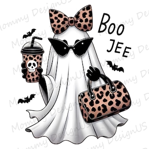 May include: A white ghost illustration wearing black cat-eye sunglasses and a leopard print bow. The ghost holds a leopard print cup with a skull graphic and a leopard print handbag. Three black bats surround the figure with the text Boo JEE.