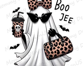 Boo Jee Leopard Ghost PNG, Funny Coquette Design, Coffee Girly Spooky Season