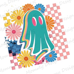 PNG popolare con fantasma floreale al neon / File di download digitale con design di ragazza Boo con vibrazioni spettrali / Sublimazione di fantasma a scacchi di Halloween per la stampa PNG