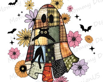 Patchwork Ghost PNG, Cat Lover Floral Design, Funny Spooky Season Digital File