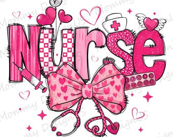 Pink Coquette Nurse Bow PNG | Nursing Heart Design Digital Download File | Preppy Nurse Life Sublimation for Print Png