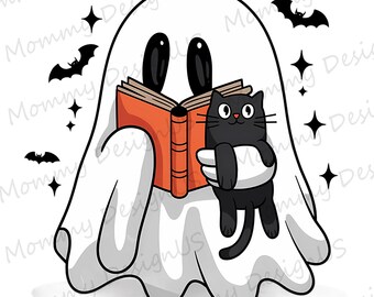 Ghost Reading Book PNG, Funny Ghost Cat Read Books Design, Spooky Season