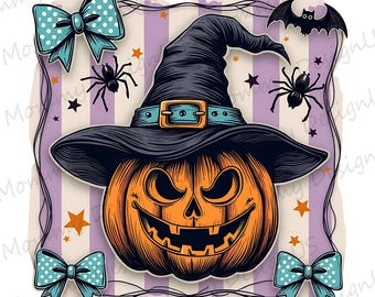 Witch Hat Pumpkin Bow PNG, Autumn Coquette Girly Design, Fall Scary Pumpkin