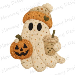 May include: A felt applique of a ghost wearing a tan beanie with a heart, holding an orange jack-o'-lantern pumpkin and a tan iced beverage with a straw. The ghost has a cream-colored body patterned with small gold and brown stars.