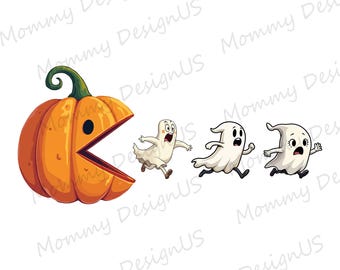 Funny Halloween Ghost PNG, Pumpkin Packman Retro Arcade Design, Spooky Season