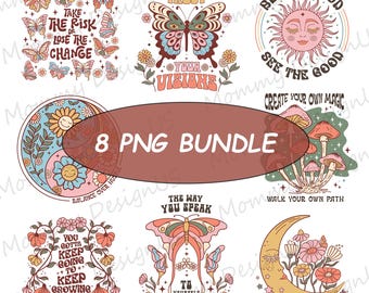 May include: A digital graphic bundle containing eight distinct illustrations featuring butterflies, mushrooms, suns, moons, and flowers. Each design includes motivational text such as Take the Risk, Trust Your Visions, Be the Good, and Keep Growing.