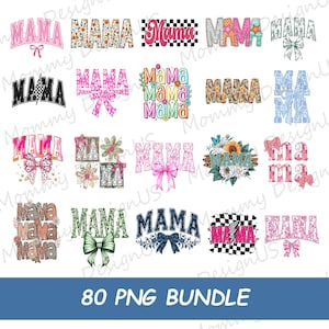 Könnte beinhalten: Eine Sammlung von "MAMA"-Grafikdesigns in verschiedenen Stilen, darunter Blumen-, Schleifen- und Schachbrettmuster. Die Designs sind in Pink, Schwarz, Blau und Grün gehalten. Der Text "80 PNG BUNDLE" steht unten.