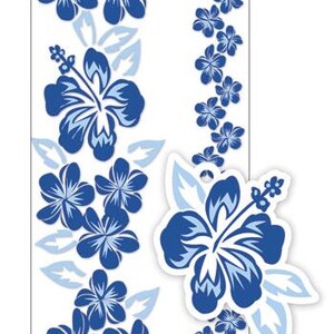 May include: A rectangular white tag featuring a vertical pattern of dark blue and light blue hibiscus flowers. A separate, die-cut hibiscus flower shape with a small hole at the top is layered over the bottom right corner of the rectangular tag.