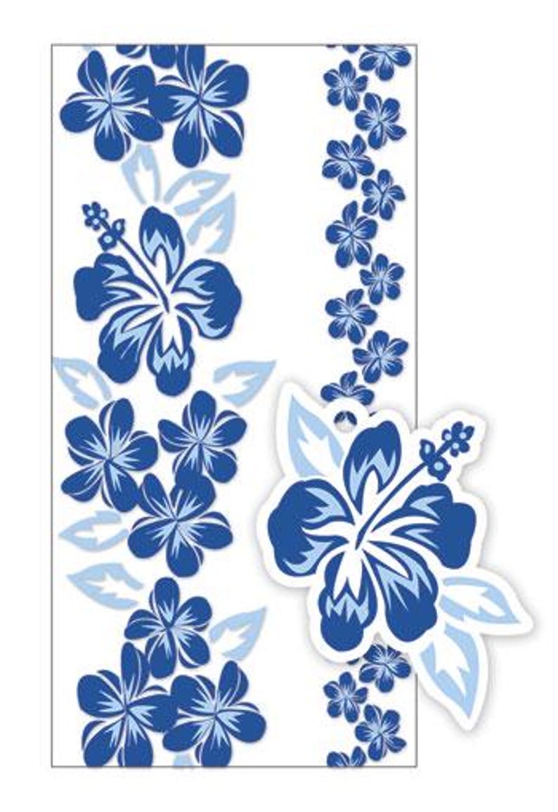 May include: A rectangular white tag featuring a vertical pattern of dark blue and light blue hibiscus flowers. A separate, die-cut hibiscus flower shape with a small hole at the top is layered over the bottom right corner of the rectangular tag.