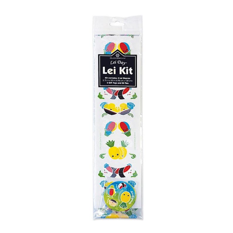 May include: A Lei Day Lei Kit in a clear plastic package. The label reads Lei Day Lei Kit and states it contains 5 lei sleeves measuring 9.75 in x 52 in, 5 gift tags, and 50 ties. The packaging features colorful illustrations of sushi and pineapples.