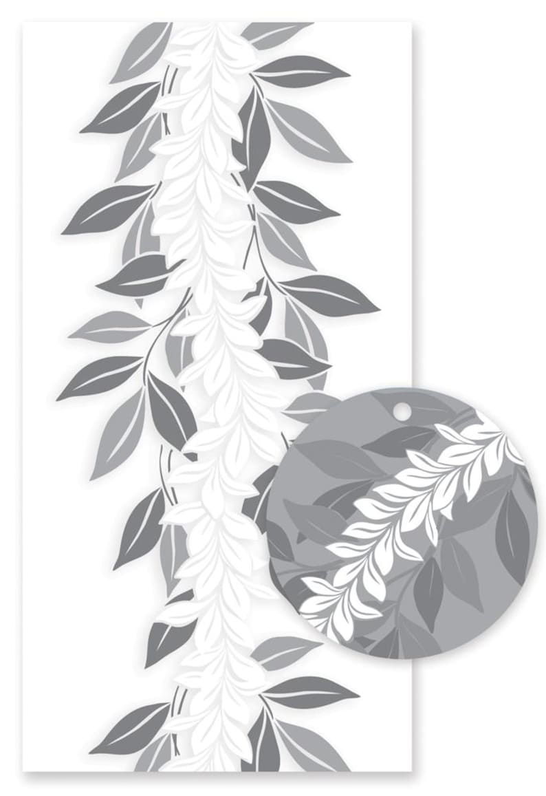 May include: A rectangular tag featuring a vertical white lei pattern against a light gray background, accented by dark gray leaves. A circular cutout is present at the top right, and a circular inset shows a magnified view of the lei and leaf design.