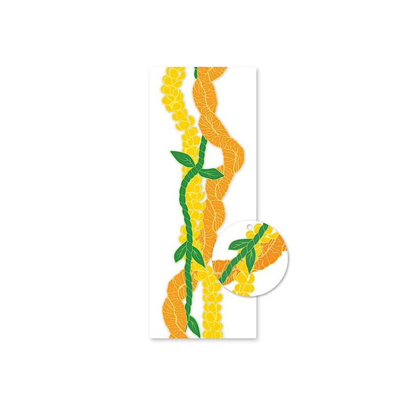 May include: A vertical rectangular tag featuring a graphic illustration of yellow and orange floral leis intertwined with green vines. A circular cutout at the top right corner displays a magnified view of the floral and vine pattern design.