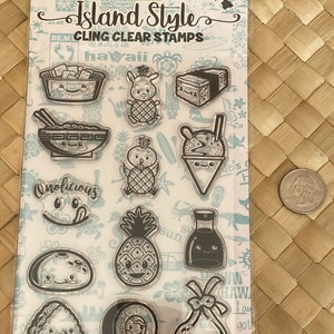 Delicias de la isla hawaiana, sellos acrílicos transparentes, Aloha Mahalo Ohana Hawaii, Tropical Onolicious, Ono Grinds, Piña Musubi, Ramen, Hielo raspado