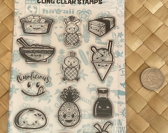 Hawaiian Island Treats Acrylic Clear Cling Stamps Aloha Mahalo Ohana Hawaii Tropical Onolicious Ono Grinds Pineapple Musubi Ramen Shave Ice