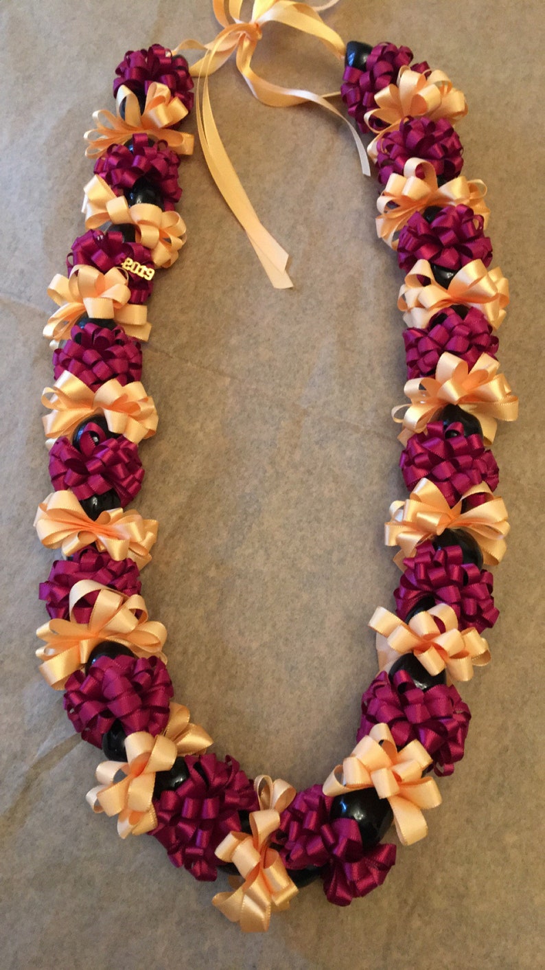 CUSTOM ORDER ONLY Hawaiian Ribbon Lei with Kukui Nuts Charm and Pin Graduation College High School Birthday Wedding Luau Polynesian Tropical 