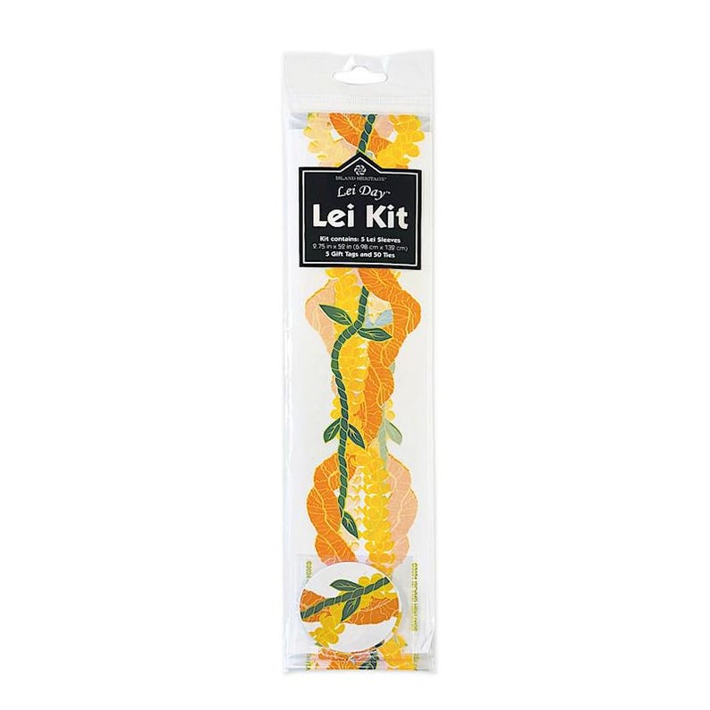 May include: A clear plastic package containing a Lei Kit with the text Lei Day Lei Kit, Kit contains: 5 Lei Sleeves 9.75 in x 50 in (24.8 cm x 127 cm) 5 Gift Tags and 50 Ties. The packaging displays yellow and orange floral patterns with green leaves.